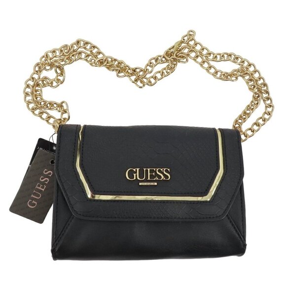 GUESS Valora Black Faux Leather Gold Chain Convertible Crossbody Belt Bag NEW - Picture 1 of 10